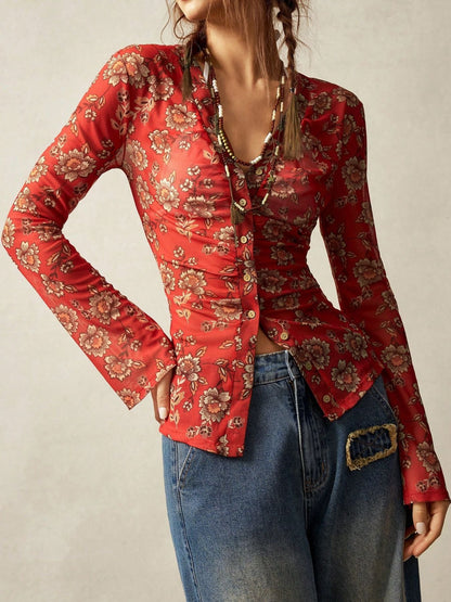 Elegant Floral Print V- Neck Long Sleeve Blouse