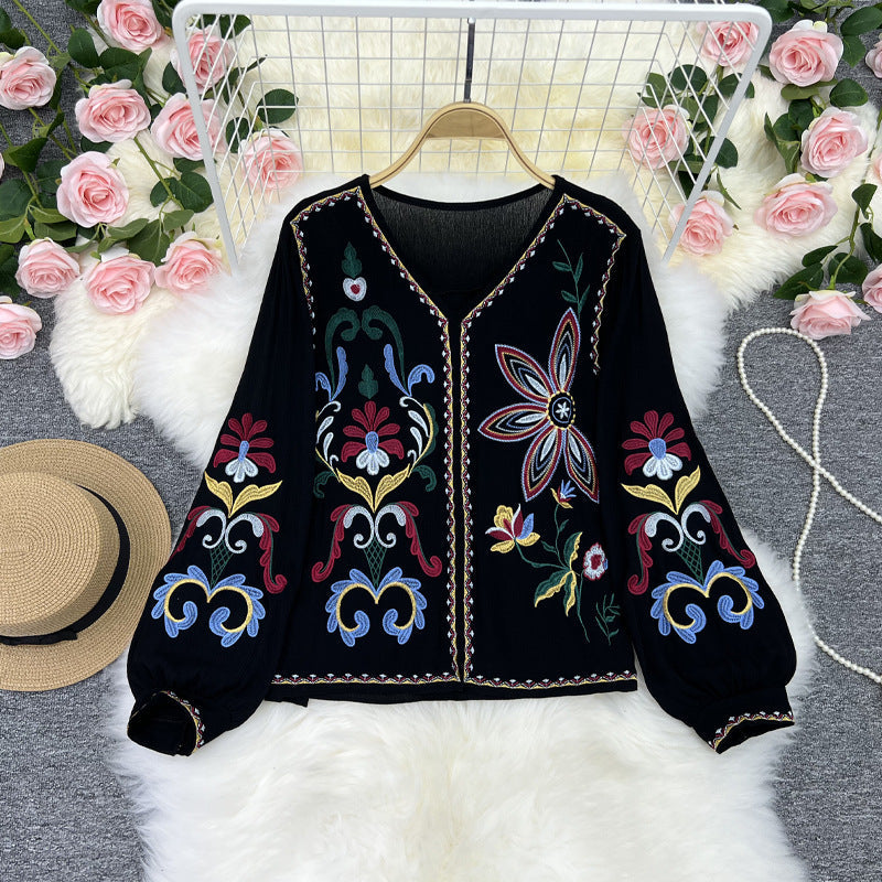 Vintage Embroidery Ethnic Style New Women'S Clothing French Style Minimalist Style V-Neck Bubble Sleeve Embroidered Shirt