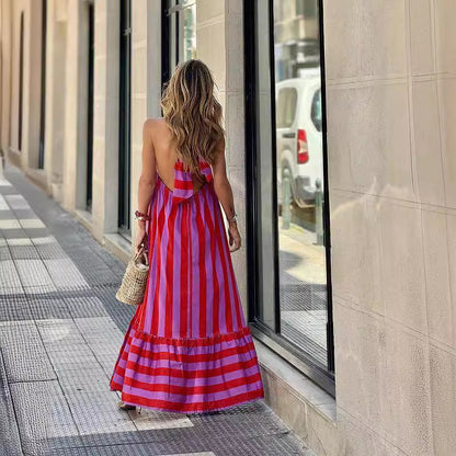 New Dress Neck Halter Striped Print Long Dress
