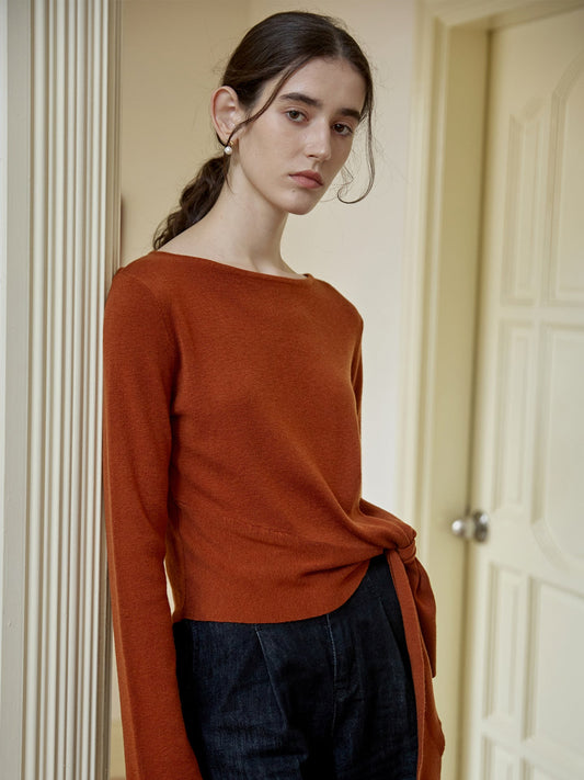Asymmetrical Waist Tie Knit Top Elegant Casual Long Sleeve