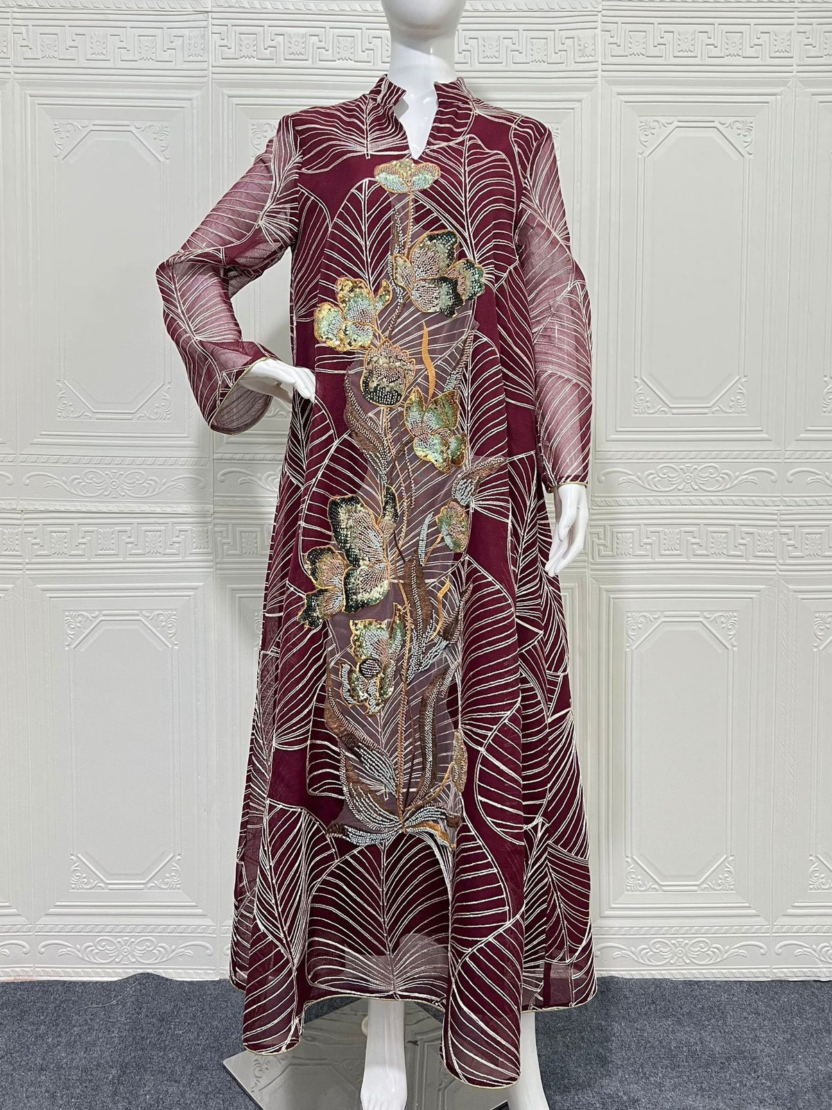 Embroidered Mesh Maxi Dress Elegant Muslim Abaya