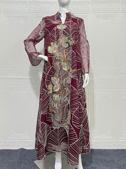 Embroidered Mesh Maxi Dress Elegant Muslim Abaya