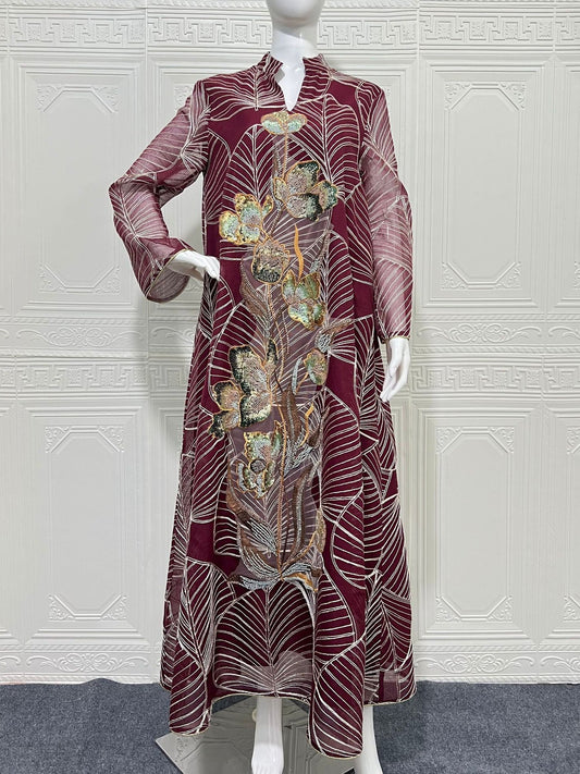 Embroidered Mesh Maxi Dress Elegant Muslim Abaya