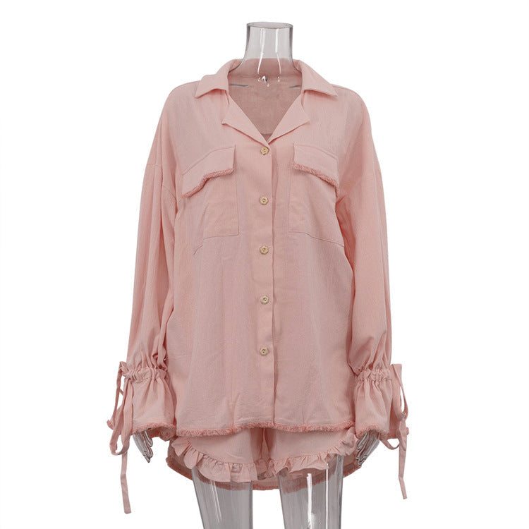 Fashionable Casual Two-Piece Set Women Cotton Ruffled Sleeves Cardigan Top with Shorts