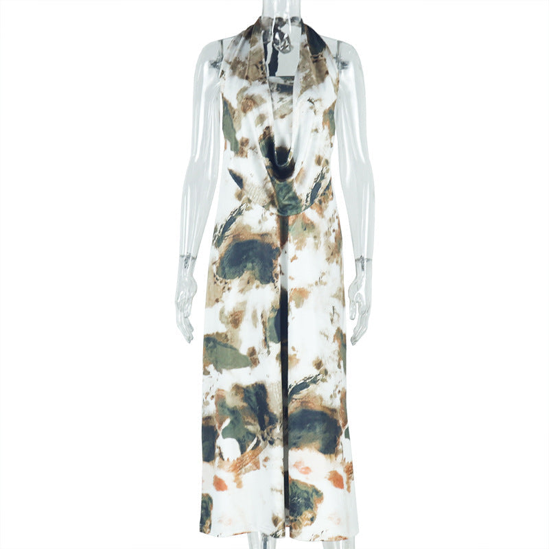 Ruffled Backless Dress Set With Abstract Print