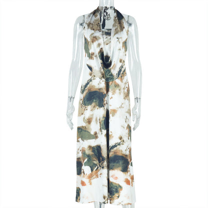 Ruffled Backless Dress Set With Abstract Print