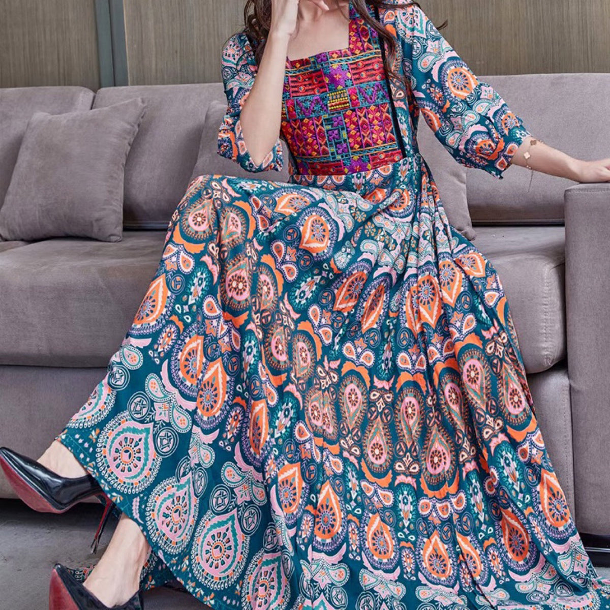 Bohemian Ethnic Style Big Swing Embroidery Dress Women'S Long Dress