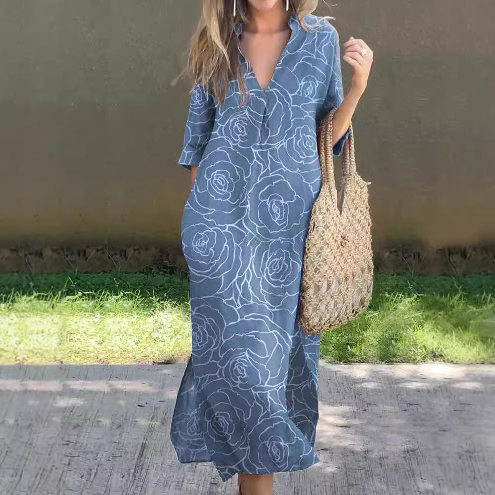 New Casual Summer Loose Skirt Slit V-Neck Print Imitation Hemp Dress Cotton
