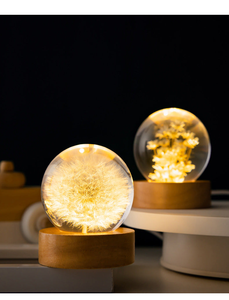 Dandelion Glowing Night Light Crystal Ball Eternal Flower Gift Wooden Birthday Gift For Girl