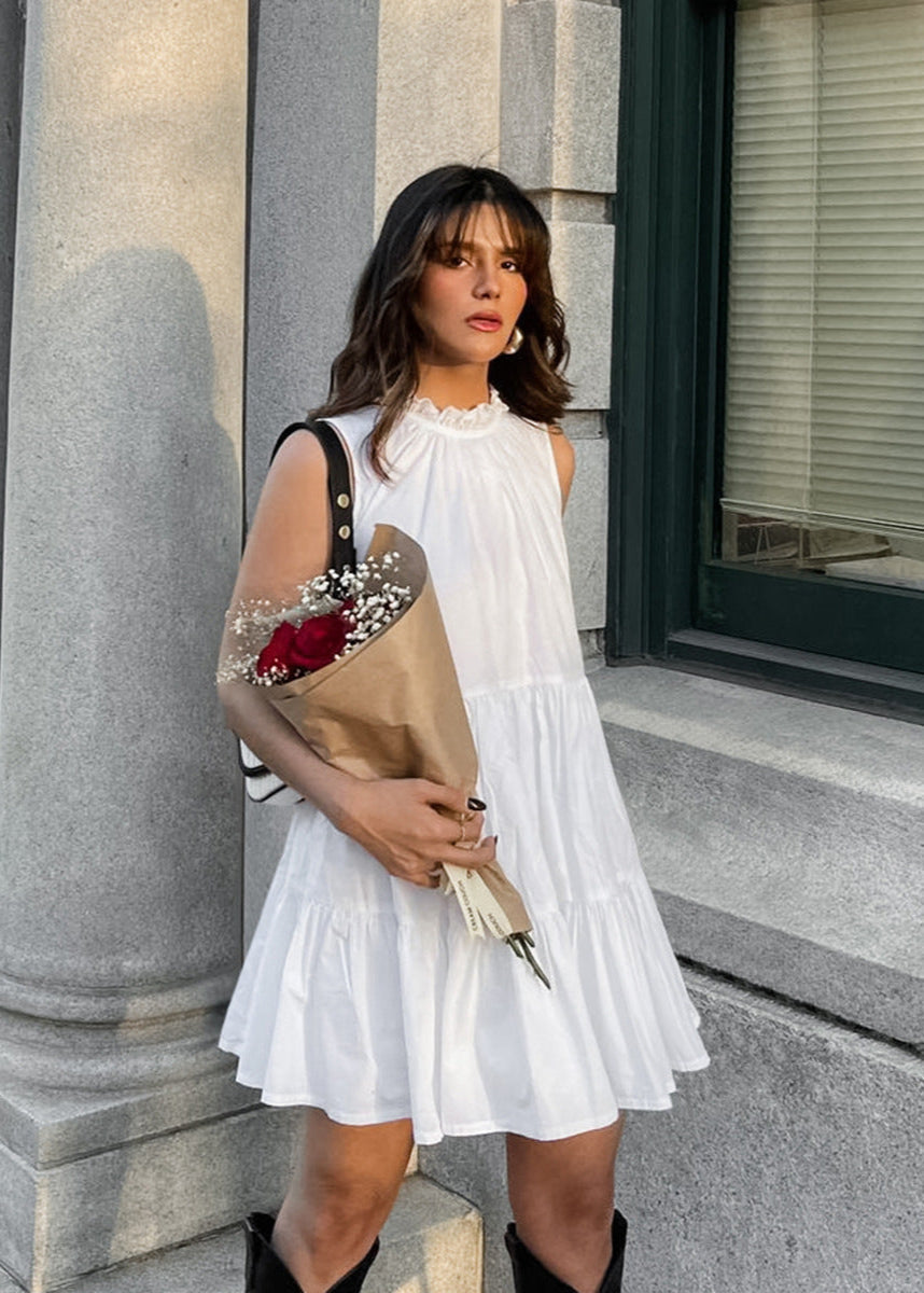 Sleeveless Mini Dress Lightweight Fabric Ruffle Neckline