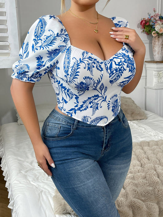 New Plus Size Floral Print Puff Sleeve Slim Fit Top