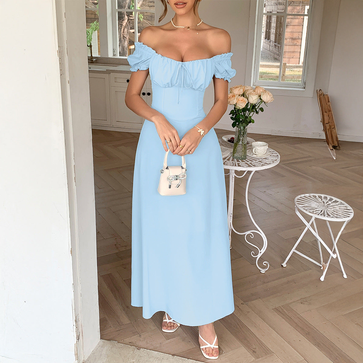 Elegant Solid Color A-Line Dress with Puff Sleeves