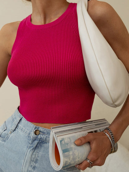 Knitted Tank Top For Women Solid Color Ribbed Fitted Casual Top