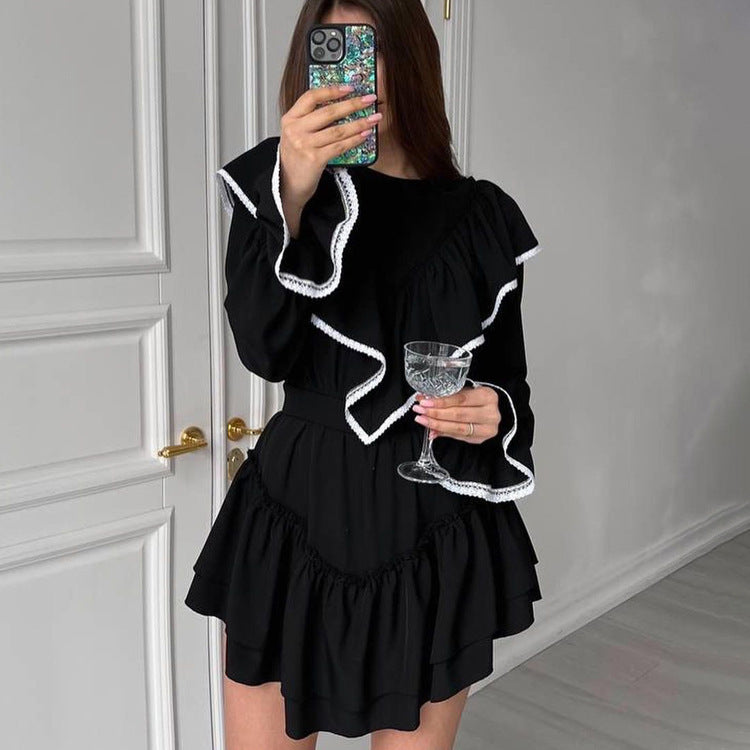 Elegant Black Ruffle Hem A-Line Dress with Bell Sleeves