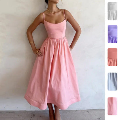 New Women's Casual A-Line Dress Solid Color Pleated Maxi Dress