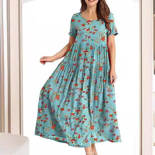 Summer Beach Medium And Long Dress Comfortable Pleated Dress Casual Loose Floral Dress