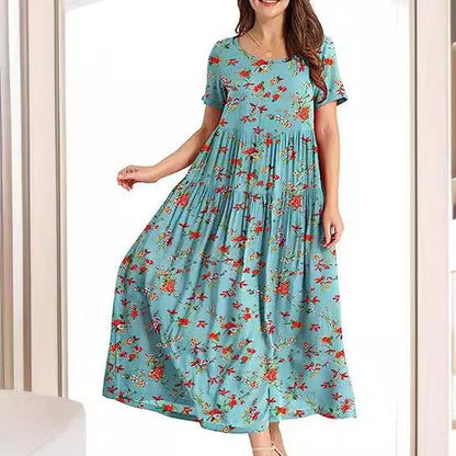 Summer Beach Medium And Long Dress Comfortable Pleated Dress Casual Loose Floral Dress