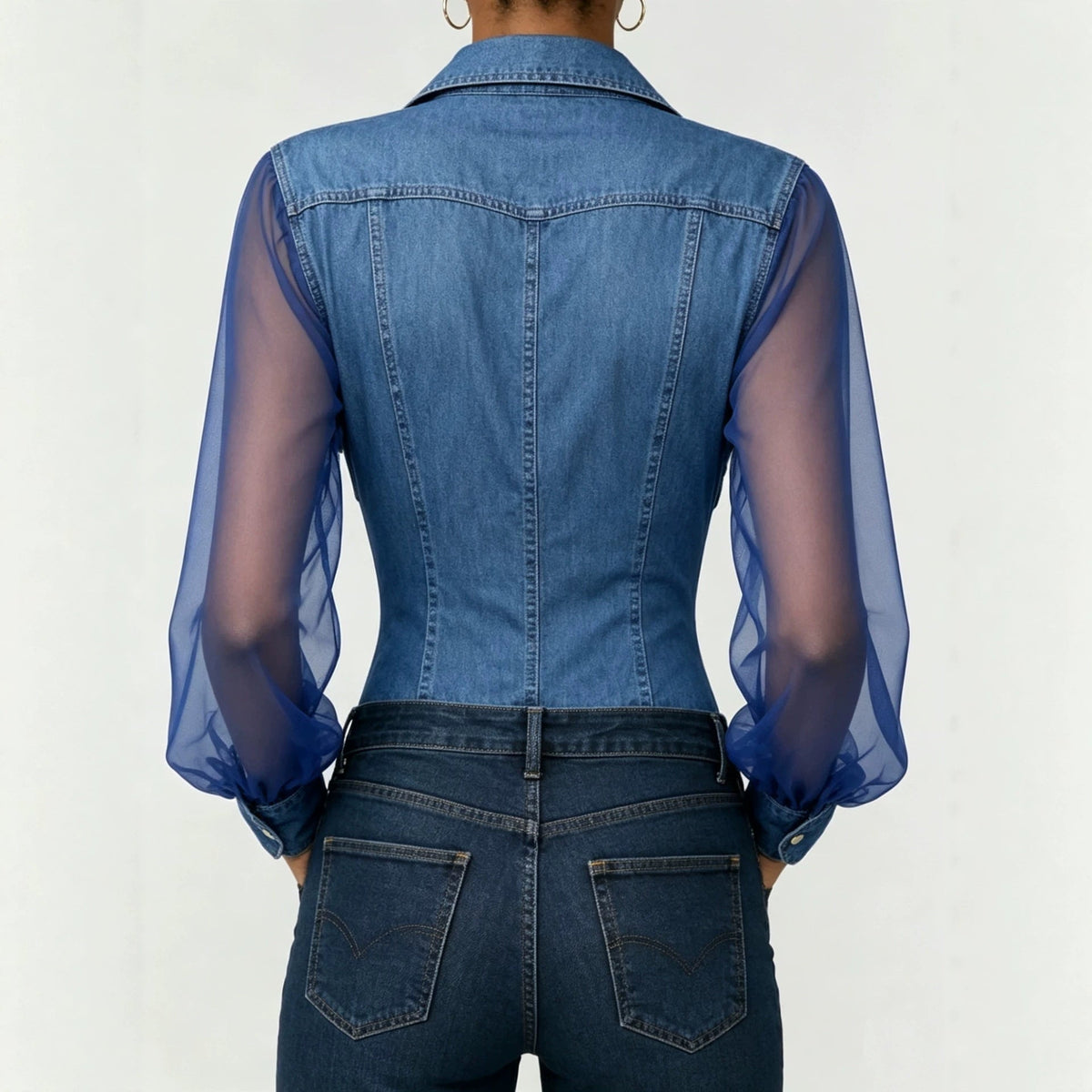 Sheer Mesh Sleeve Denim Blouse