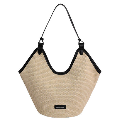 Trendy Woven Shoulder Bag Color Block Beach Bag