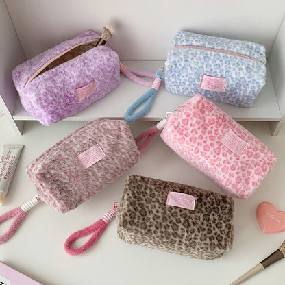 Cute Fuzzy Leopard Print Portable Makeup Bag