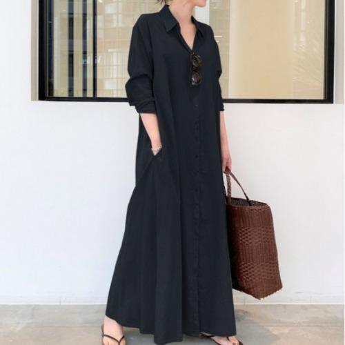New Solid Color Simple Loose Casual Long Shirt Dress