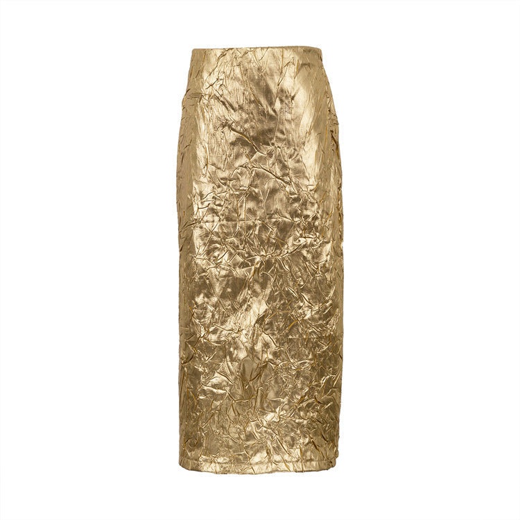 High-Waisted Ruched Midi Skirt with Slit