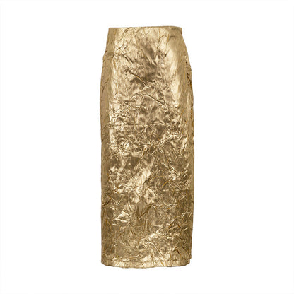 High-Waisted Ruched Midi Skirt with Slit