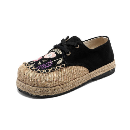 Leisure Lace Up Front Buckle Round Head Women'S Embroidered Shoes, Low Cut Flat Heel Cotton Linen Cloth Shoes, Spring And Summer Single Shoe