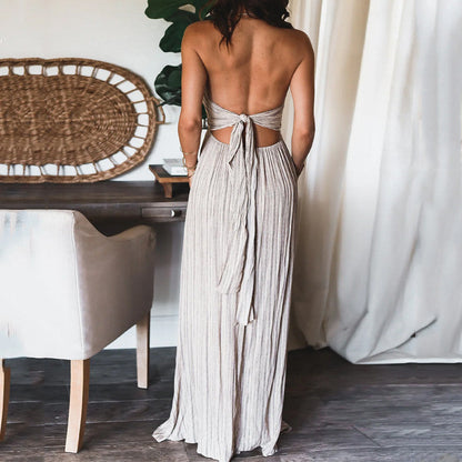 Summer New Solid Color Sexy Open Back U-Neck Strap Back Long Dress