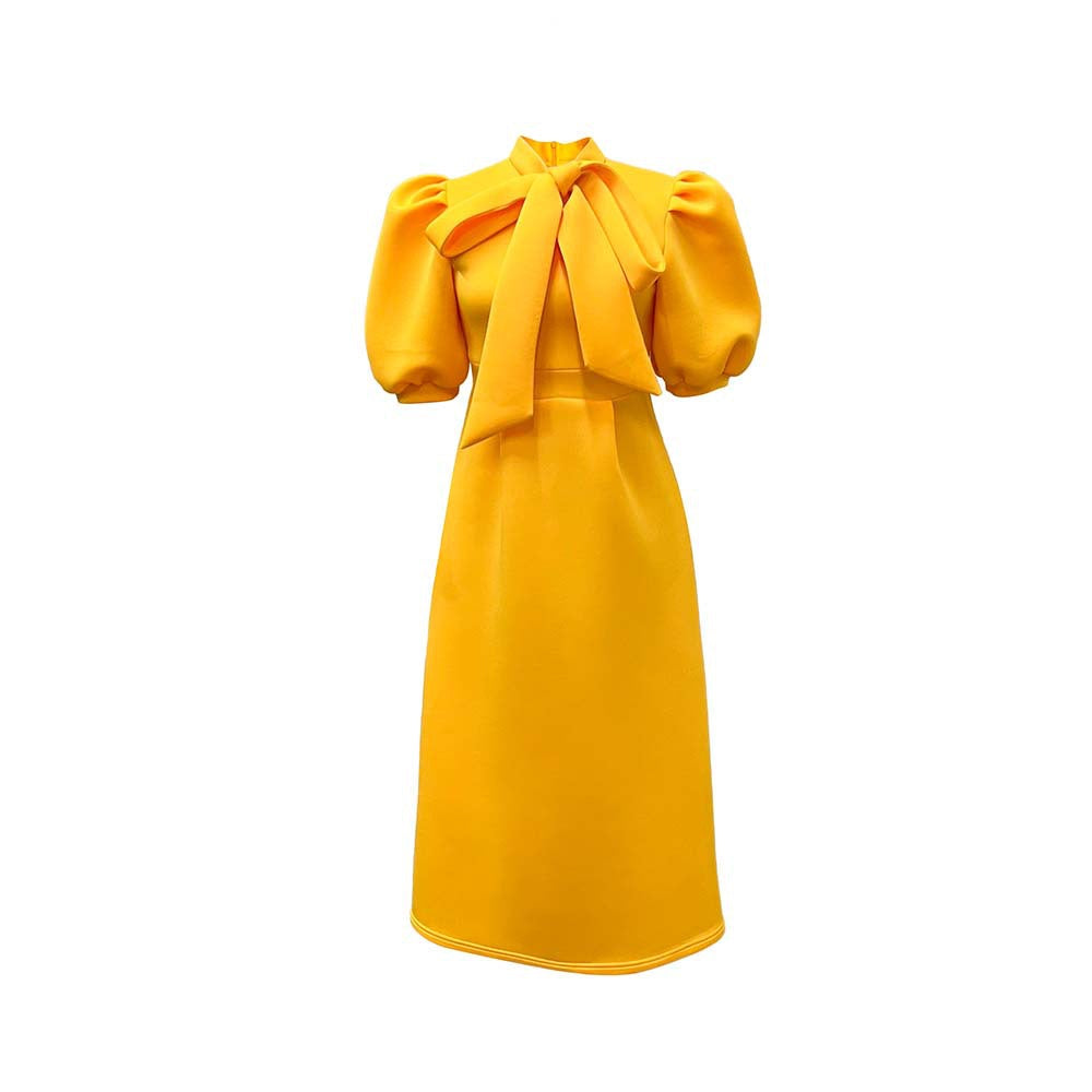 Elegant Solid Color Midi Dress With Bow Detail