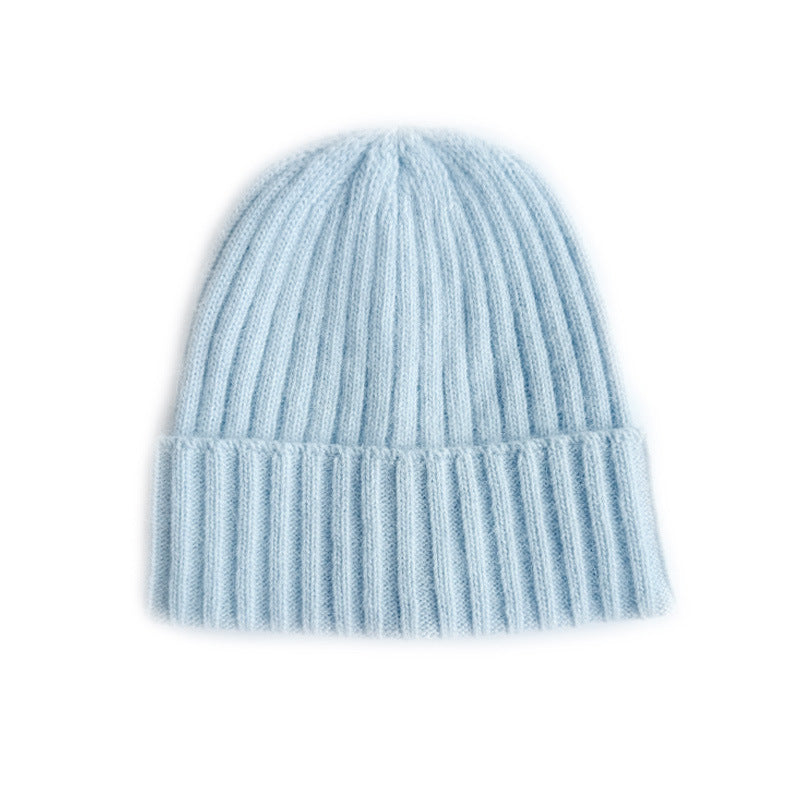 Classic Striped Knit Rabbit Fur Blend Beanie Hat