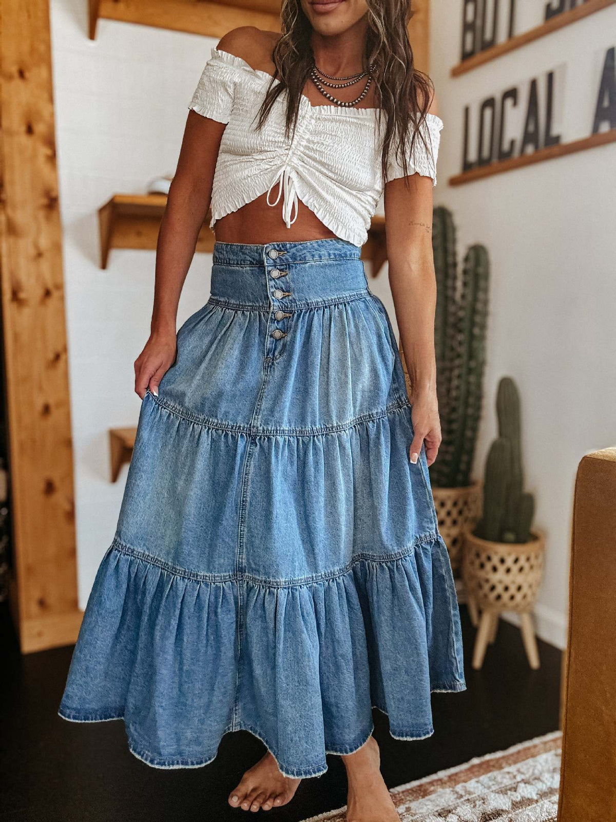 Bohemian A-Line Layered Denim Skirt
