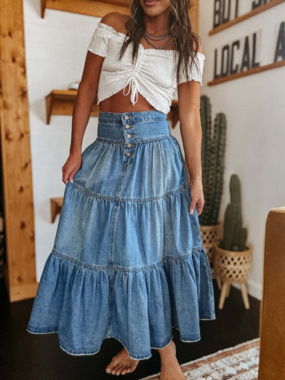 Bohemian A-Line Layered Denim Skirt