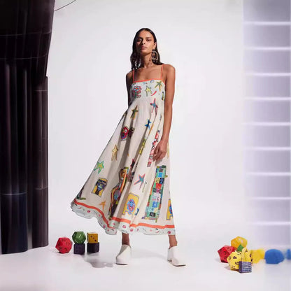 New Floral Print Linen A-Line Dress