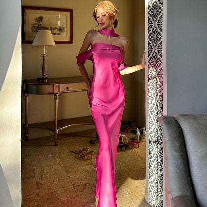 Elegant Backless Strapless Midi Dress in Solid Colors