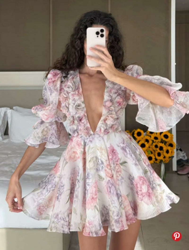 V-Neck Drawstring Vintage Floral Mini Dress