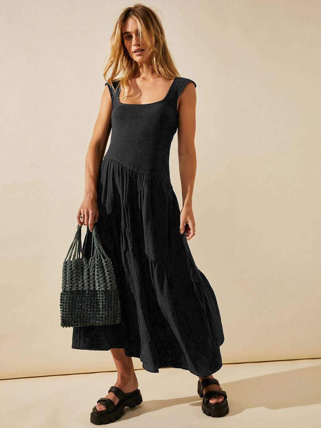 French Style Elegant A-Line Maxi Dress With U-Neck Design