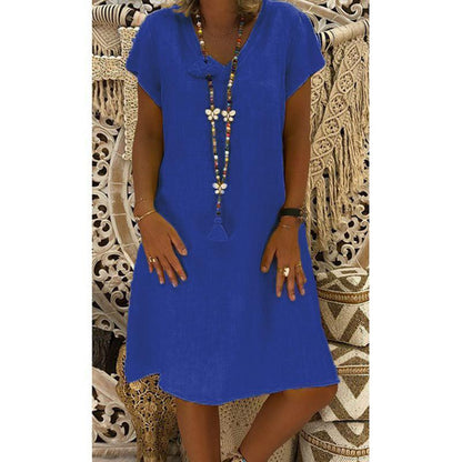Short Sleeve Medium Skirt V-Neck Dress