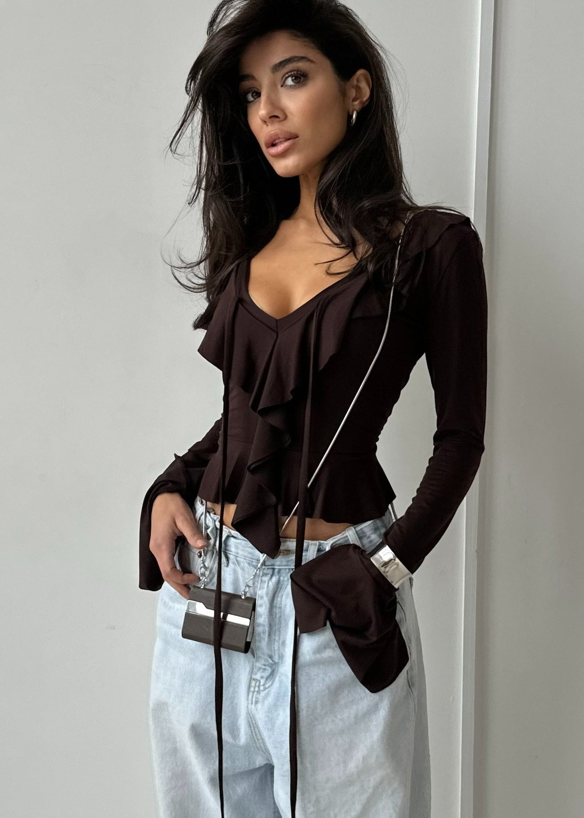 Ruffled Tie Front Long Sleeve Stretch Top