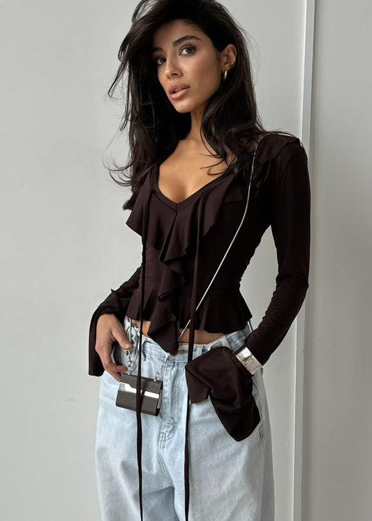 Ruffled Tie Front Long Sleeve Stretch Top