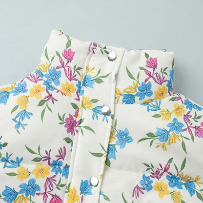 Floral Print Stand Collar Zipper Cotton Padded Jacket