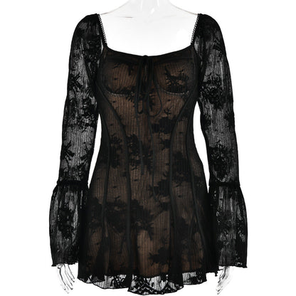 Lace Backless Wrap Floral Sleeves Mini Dress