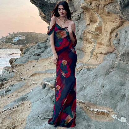 Fashion Printed Suspenders Sleeveless High Waist One Shoulder Temperament Dress For Women