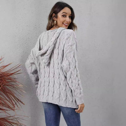 Fashionable Chunky Knit V-Neck Hoodie Sweater For Women