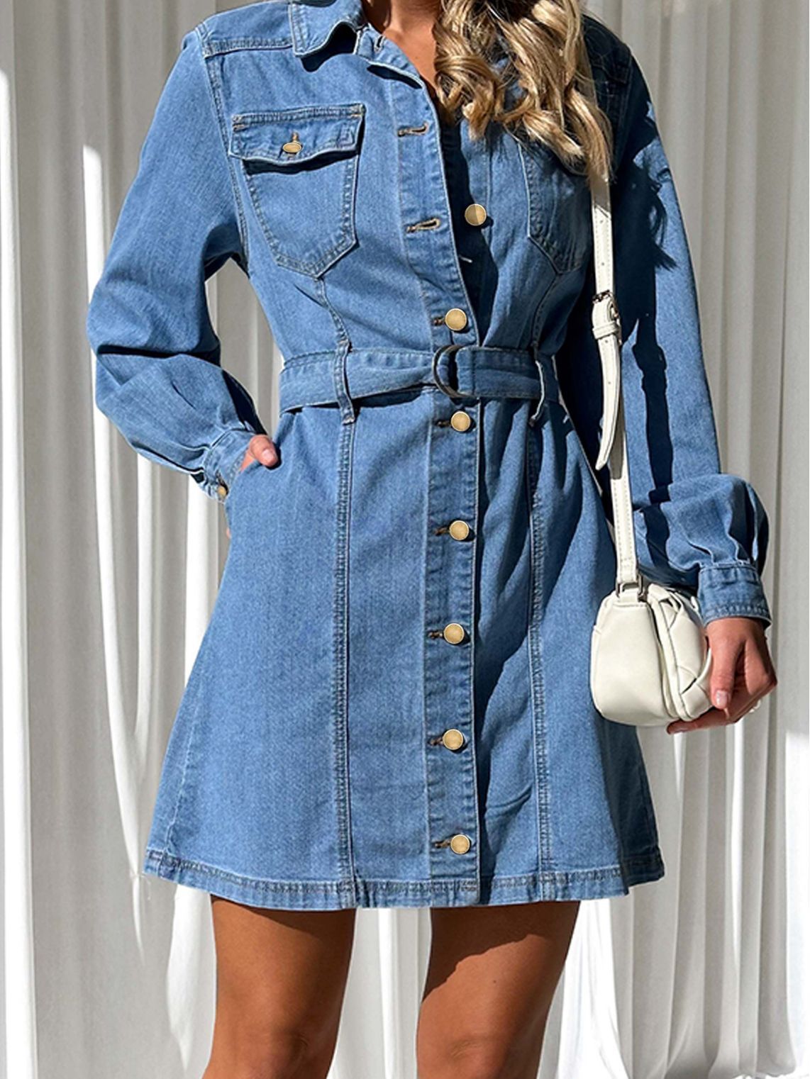 Button-Up A-Line Denim Dress with Long Sleeves