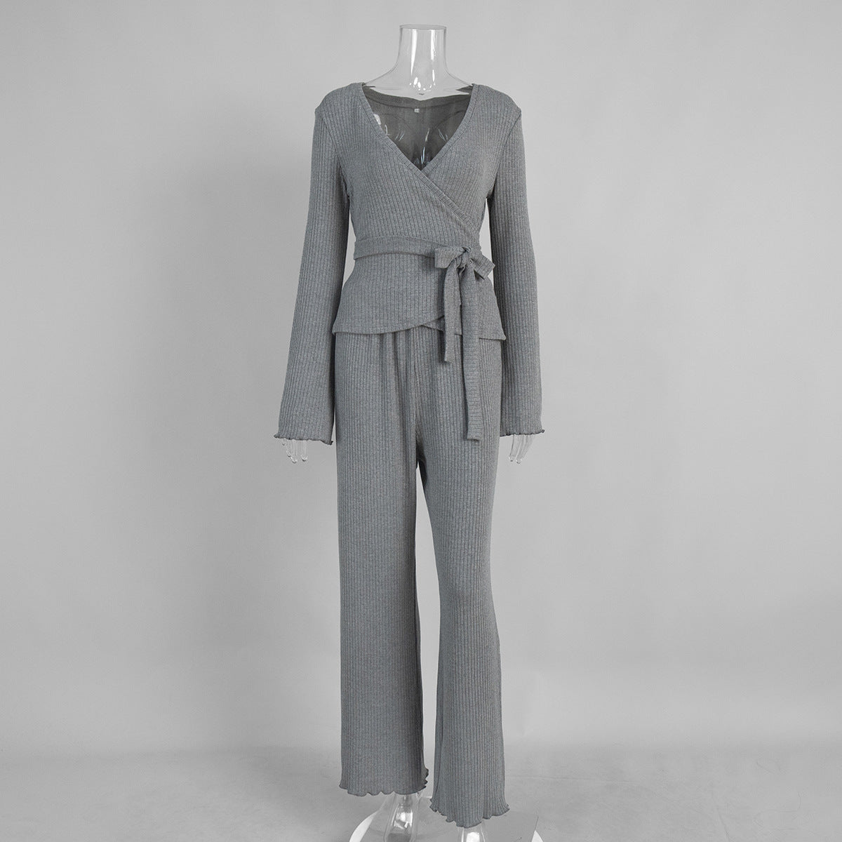 V-Neck Knit Long Pants Set Stylish Casual Outfit