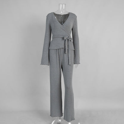 V-Neck Knit Long Pants Set Stylish Casual Outfit