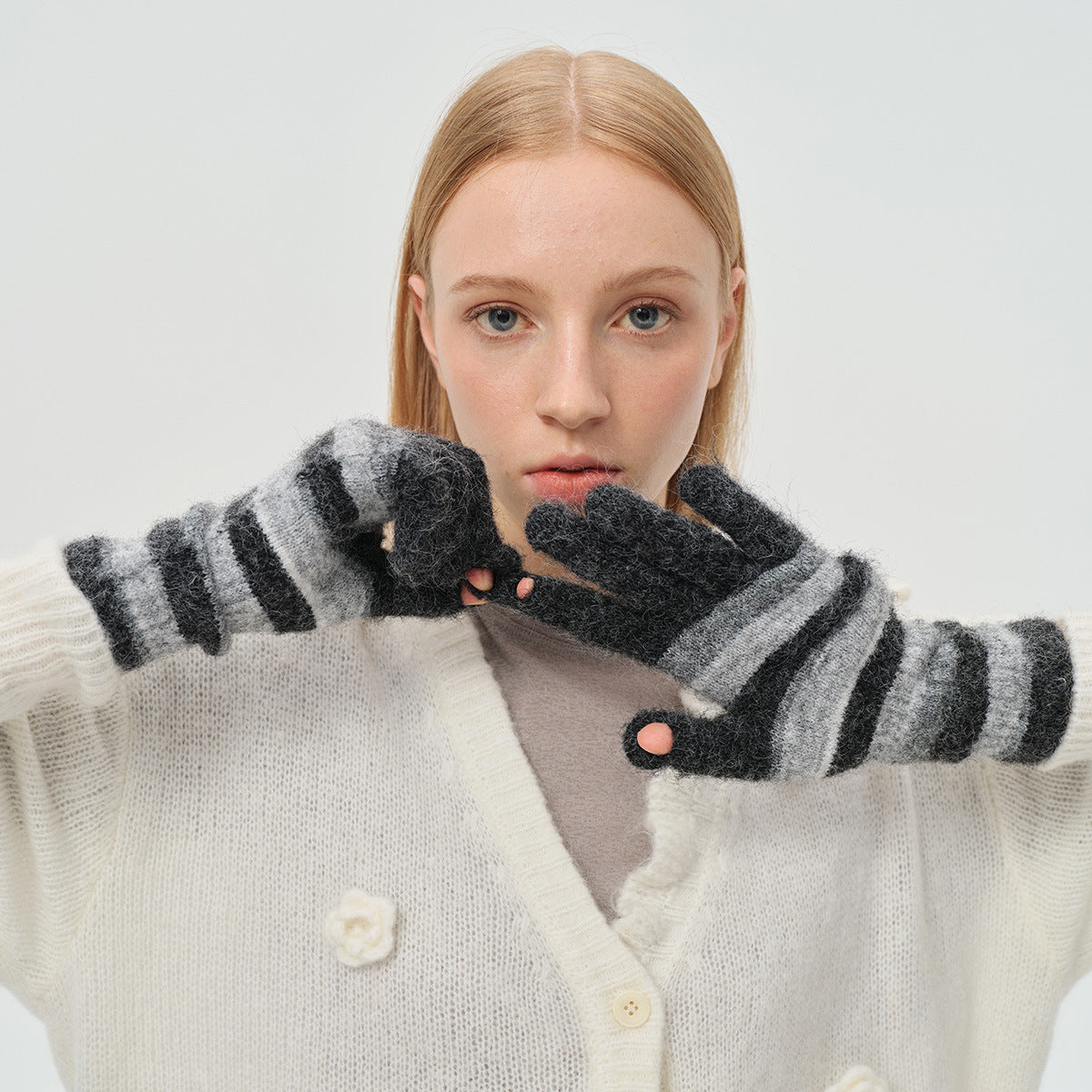 Rainbow Striped Knit Gloves Warm Casual Wool Blend Mittens