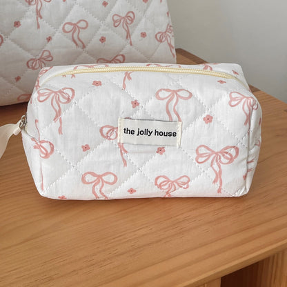 Sweet Bowknot Makeup Bag Quilted Portable Beauty Organizer