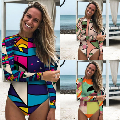 Long Sleeve Abstract Printed One-Piece Swimsuit Women'S Surfing Suit Swimwear Sports Sexy Surfing Wetsuit